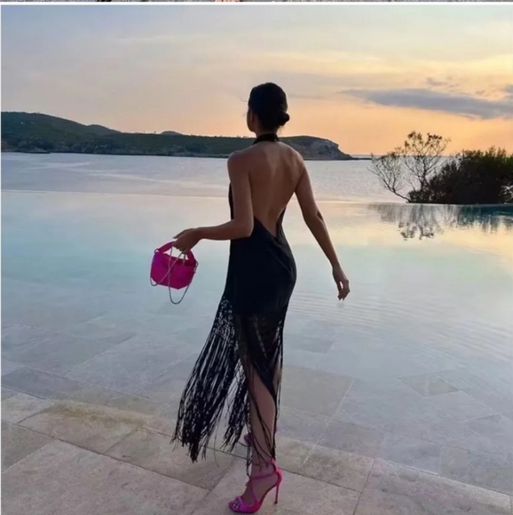 Zara halter * linen dress with fringe black size XS - Picture 7 of 16